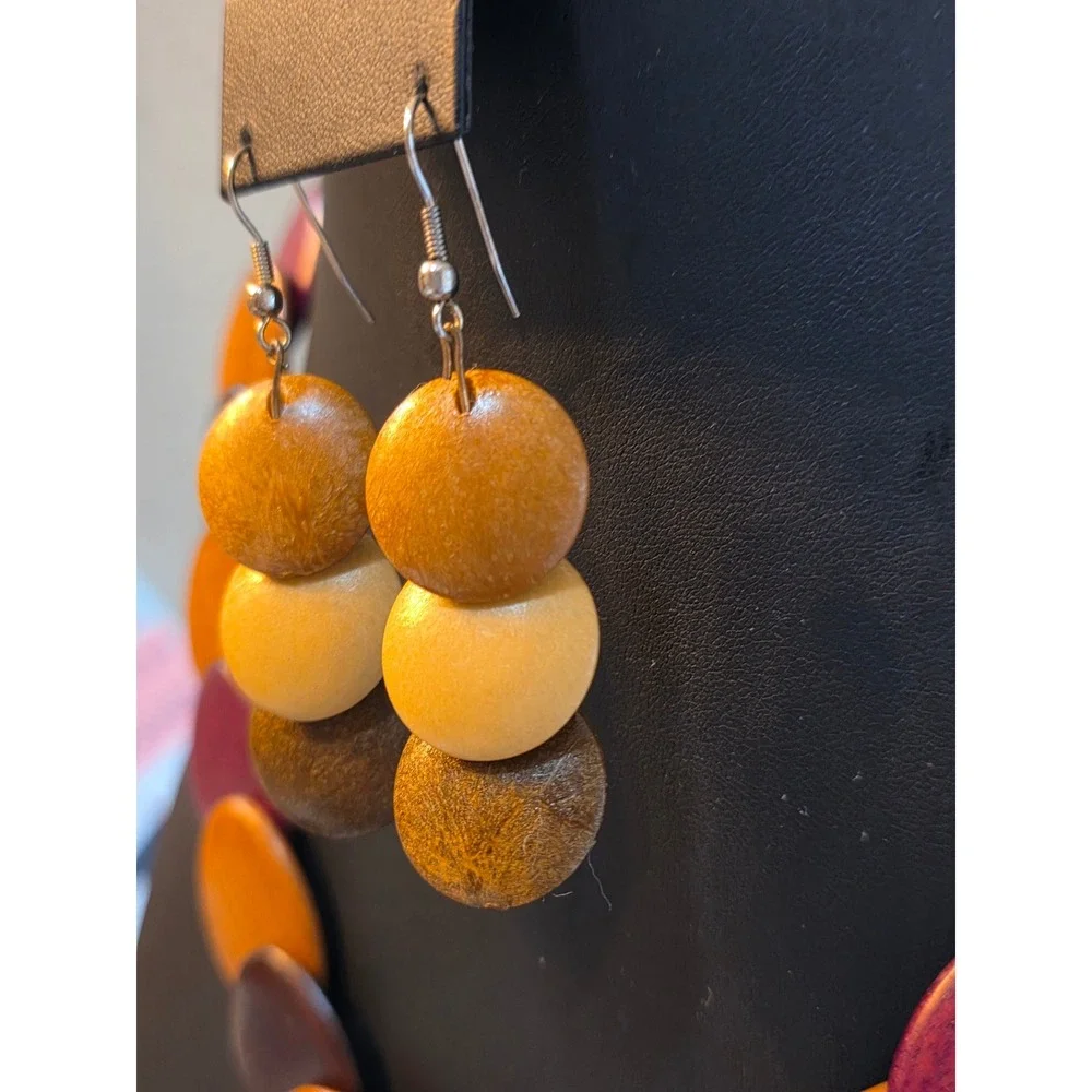 Mustard Yellow Wood Bead Dangle Earrings Boho Statement Lightweight Drop Jewelry